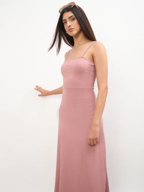Women Pink Rib A-Line Strappy Midi Dress
