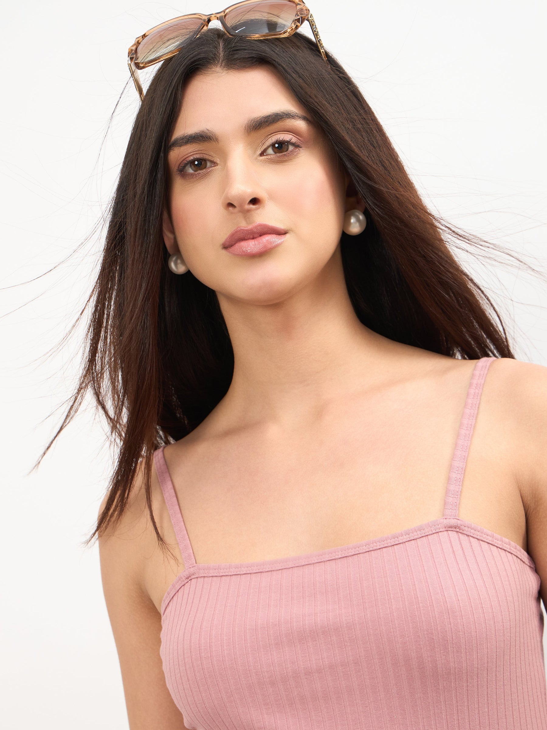 Women Pink Rib A-Line Strappy Midi Dress