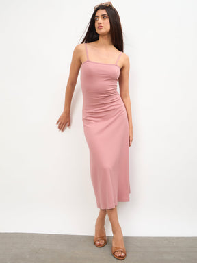 Women Pink Rib A-Line Strappy Midi Dress