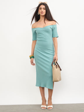 Sea Green Rib Off-Shoulder Bodycon Midi Dress-SASSAFRAS