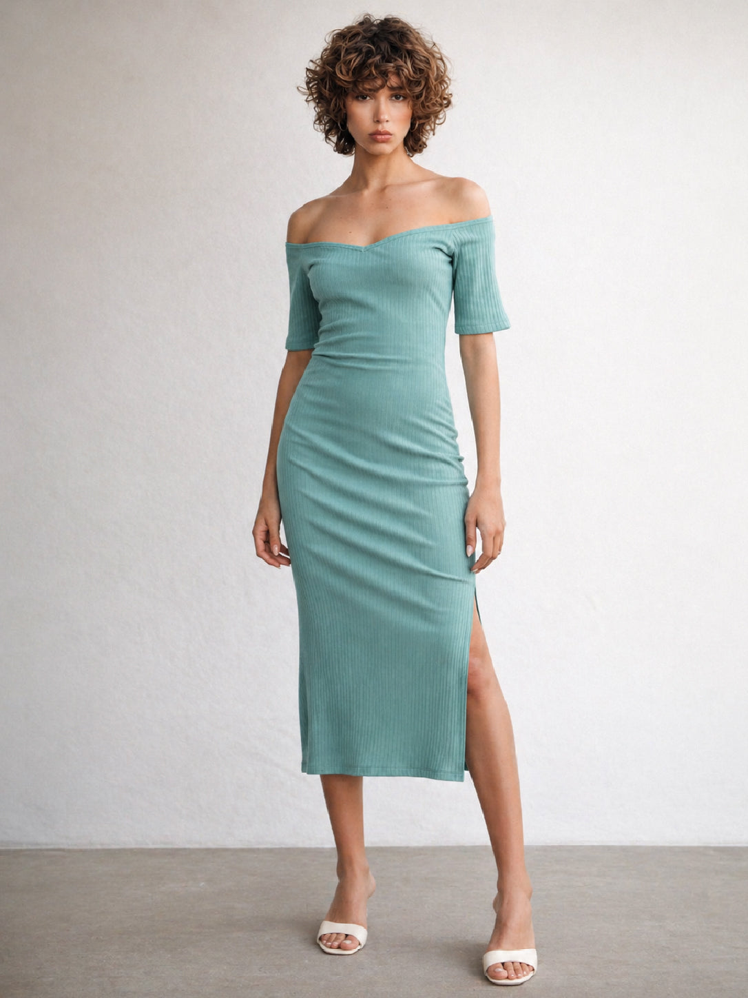 Women Sea Green Rib Off-Shoulder Bodycon Midi Dress