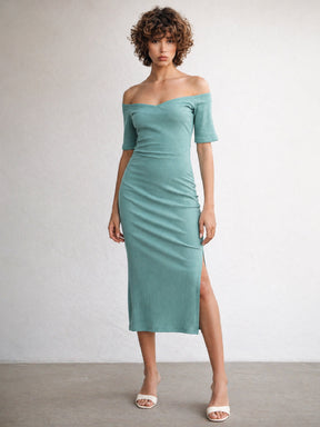 Buy Women Sea Green Rib Off-Shoulder Bodycon Midi Dress Online at Best Price