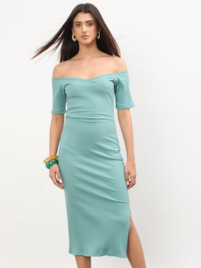 Sea Green Rib Off-Shoulder Bodycon Midi Dress-SASSAFRAS