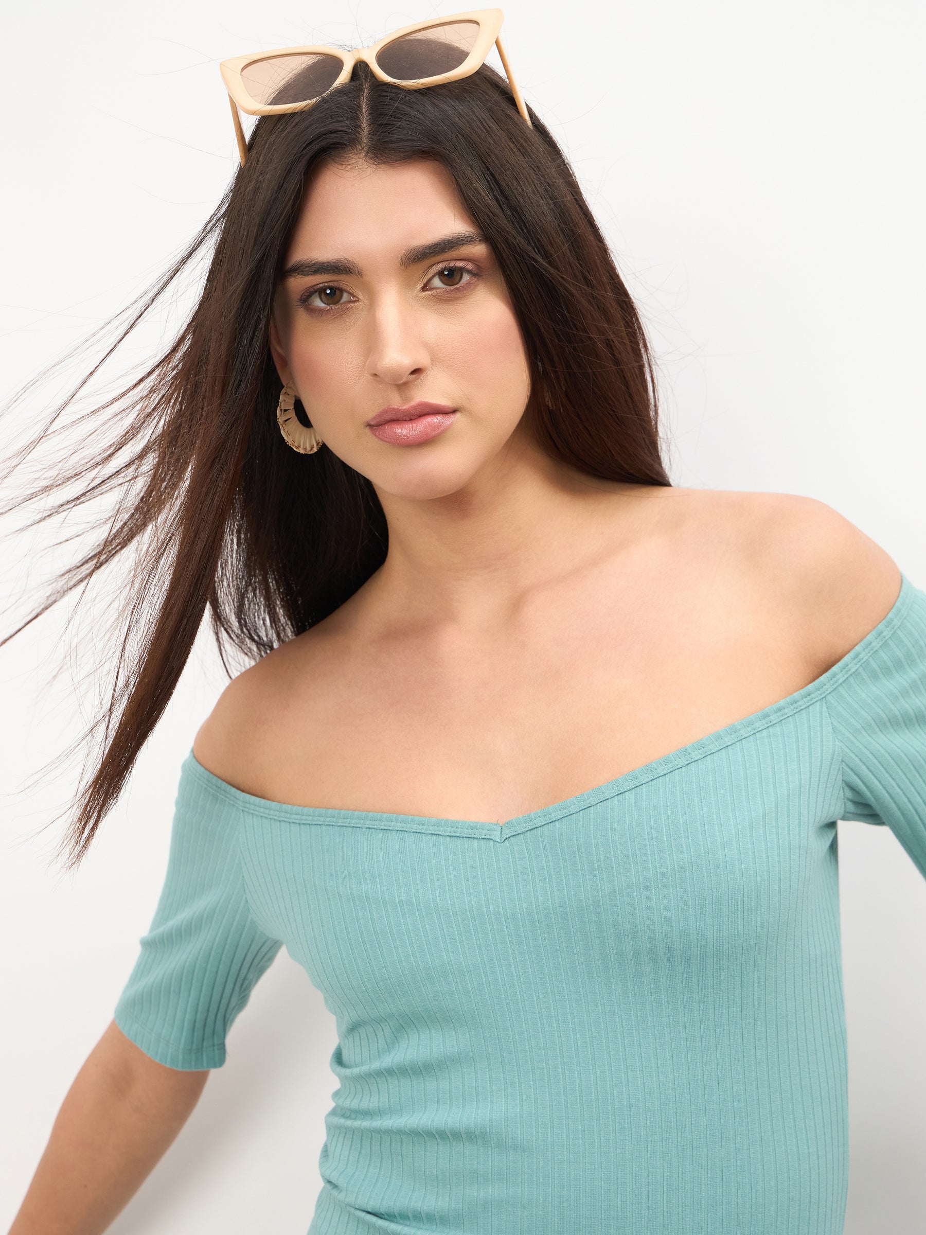 Sea Green Rib Off-Shoulder Bodycon Midi Dress-SASSAFRAS