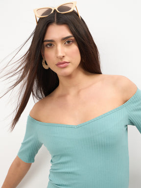 Sea Green Rib Off-Shoulder Bodycon Midi Dress-SASSAFRAS