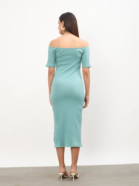 Sea Green Rib Off-Shoulder Bodycon Midi Dress-SASSAFRAS