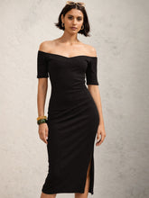 Women Black Rib Off-Shoulder Bodycon Midi Dress