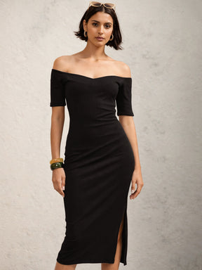 Women Black Rib Off-Shoulder Bodycon Midi Dress