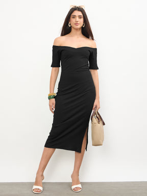 Black Rib Off-Shoulder Bodycon Midi Dress-SASSAFRAS