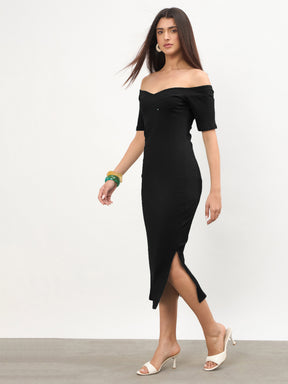 Black Rib Off-Shoulder Bodycon Midi Dress-SASSAFRAS