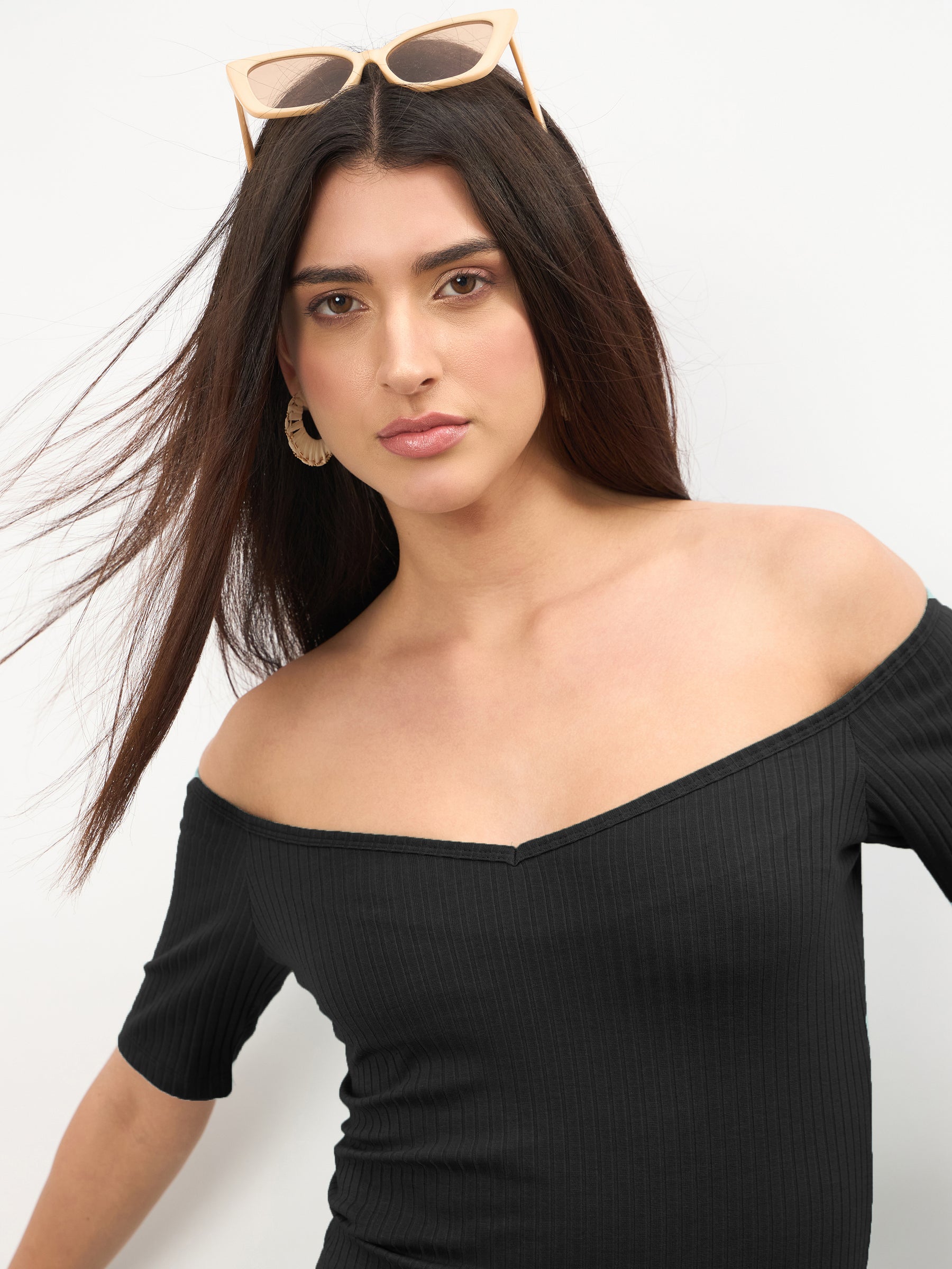 Black Rib Off-Shoulder Bodycon Midi Dress-SASSAFRAS