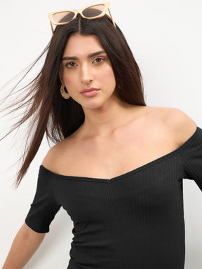 Black Rib Off-Shoulder Bodycon Midi Dress-SASSAFRAS