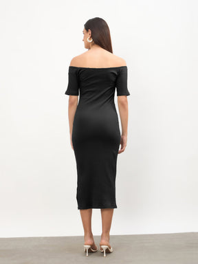 Black Rib Off-Shoulder Bodycon Midi Dress-SASSAFRAS