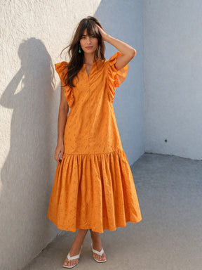 Rust Schiffli Flared Hem Maxi Dress-SASSAFRAS