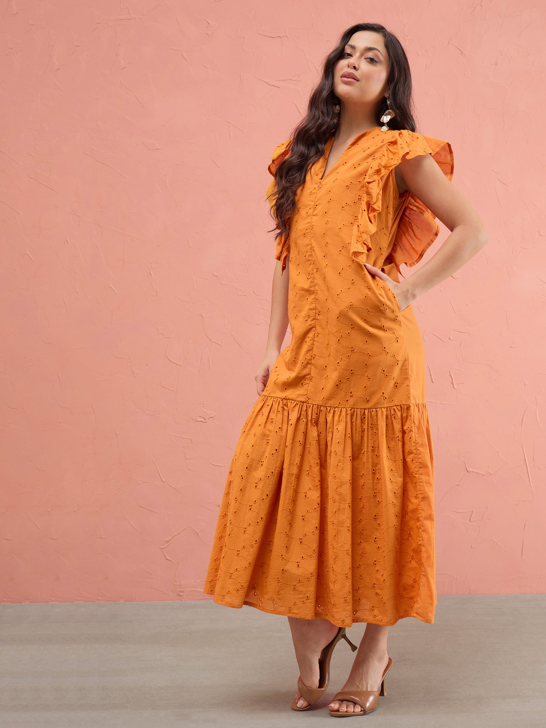Rust Schiffli Flared Hem Maxi Dress-SASSAFRAS