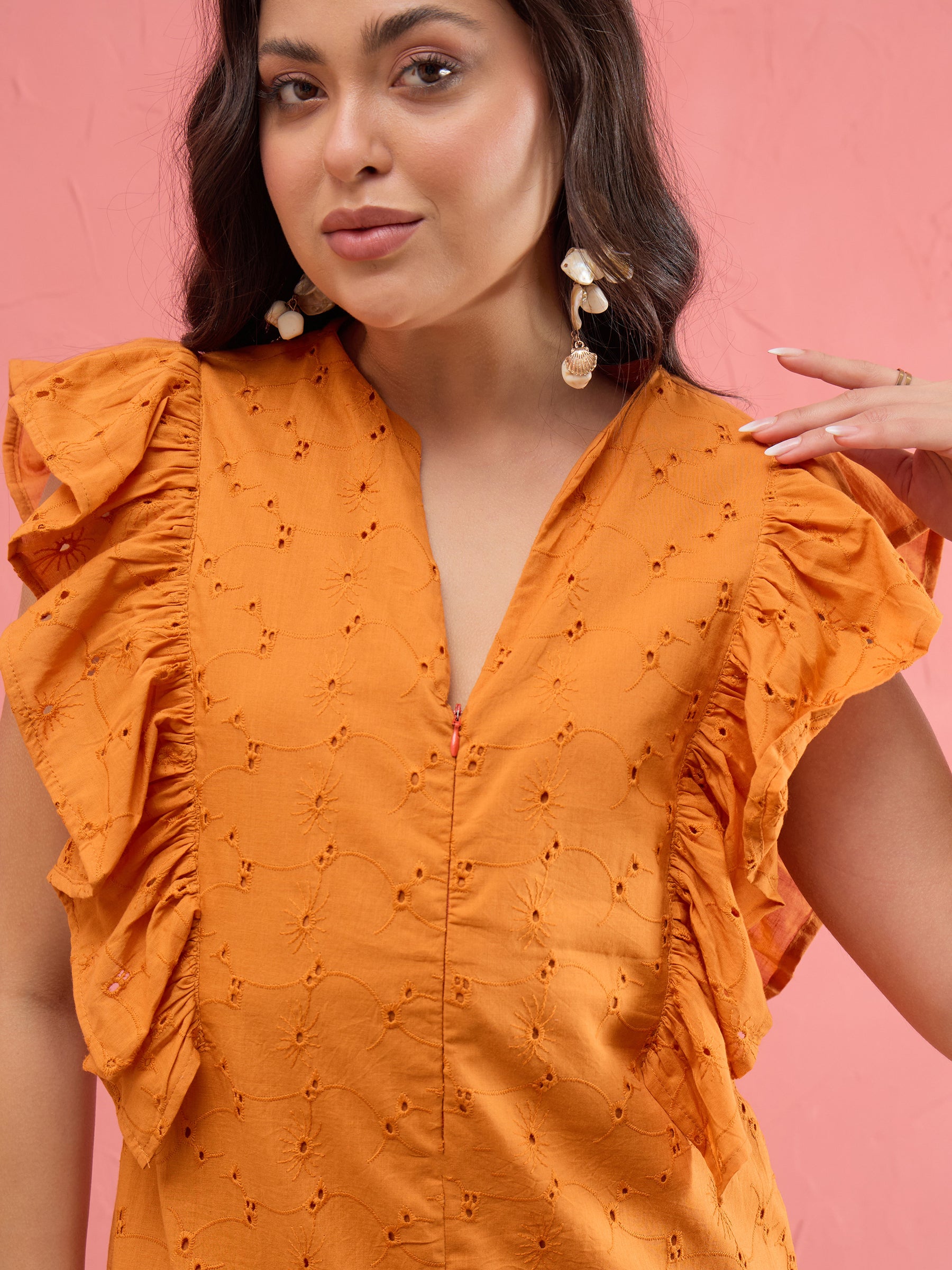 Rust Schiffli Flared Hem Maxi Dress-SASSAFRAS