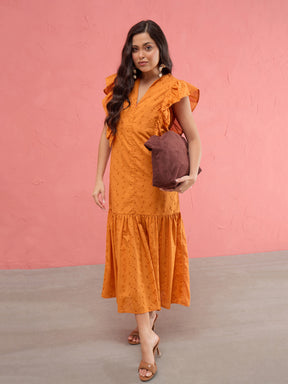 Rust Schiffli Flared Hem Maxi Dress-SASSAFRAS