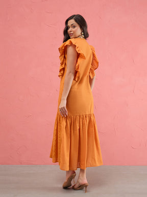 Women Rust Schiffli Flared Hem Maxi Dress