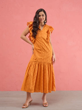 Women Rust Schiffli Flared Hem Maxi Dress