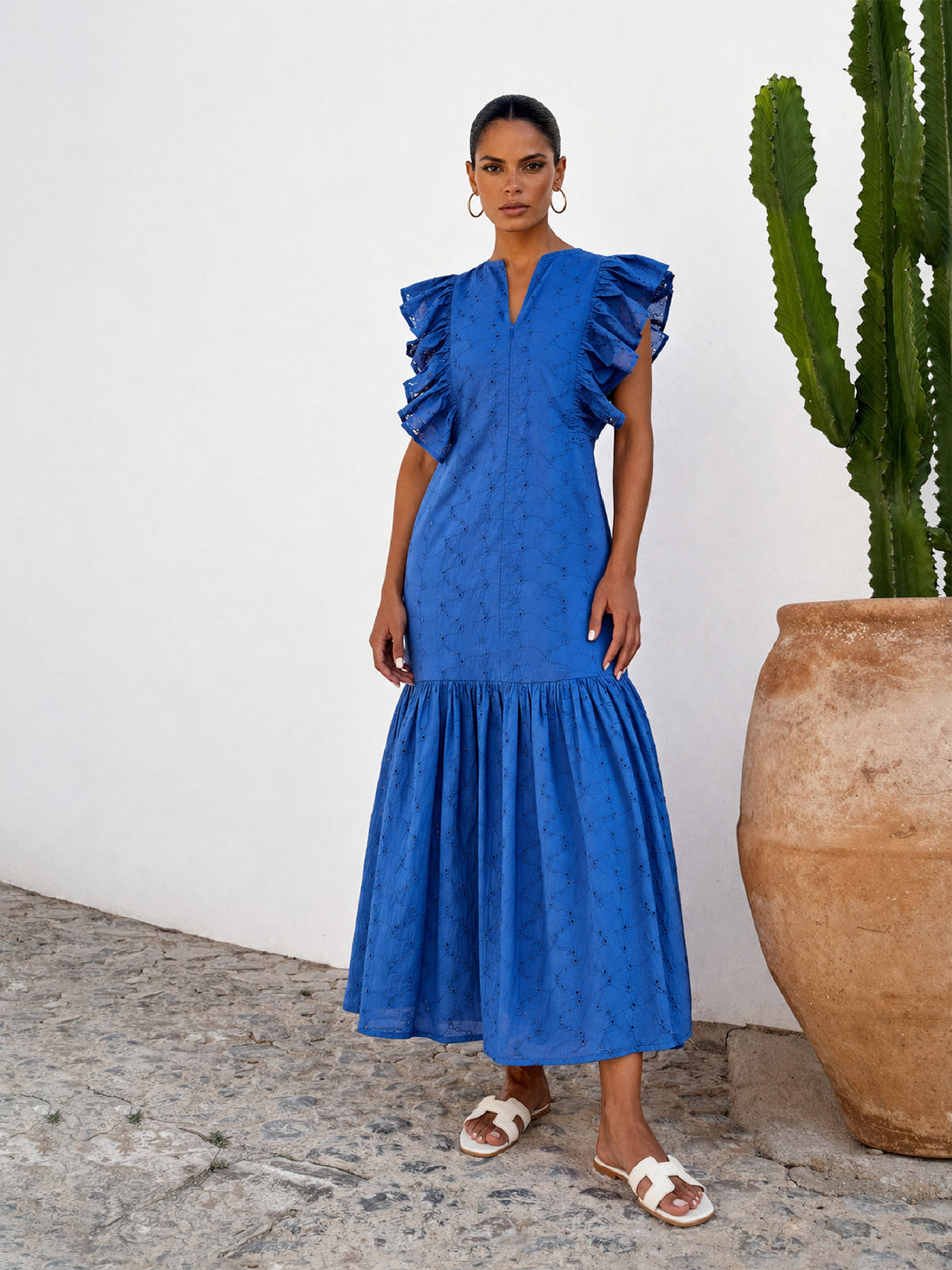 Royal Blue Schiffli Flared Hem Maxi Dress-SASSAFRAS