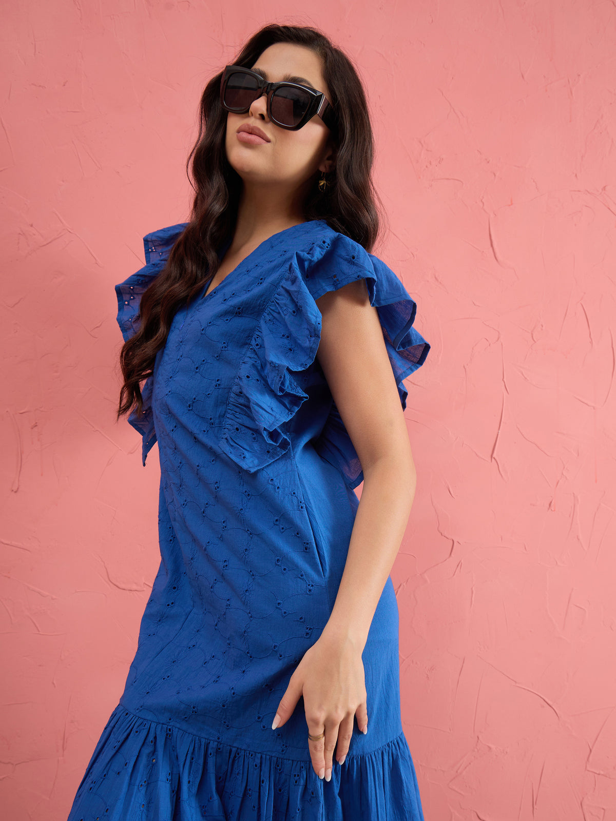 Royal Blue Schiffli Flared Hem Maxi Dress-SASSAFRAS