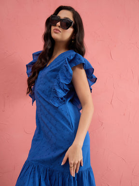 Royal Blue Schiffli Flared Hem Maxi Dress-SASSAFRAS