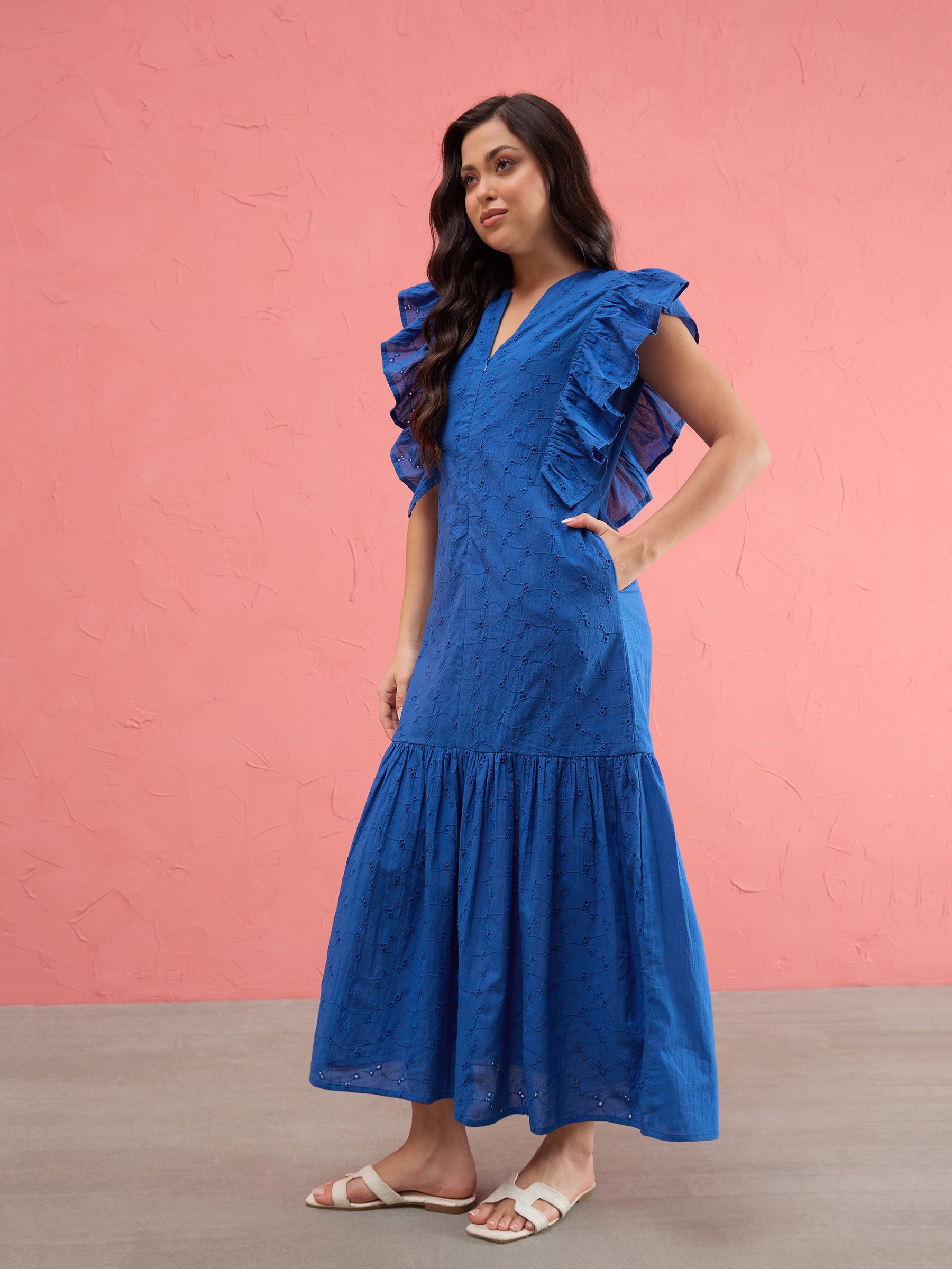 Royal Blue Schiffli Flared Hem Maxi Dress-SASSAFRAS