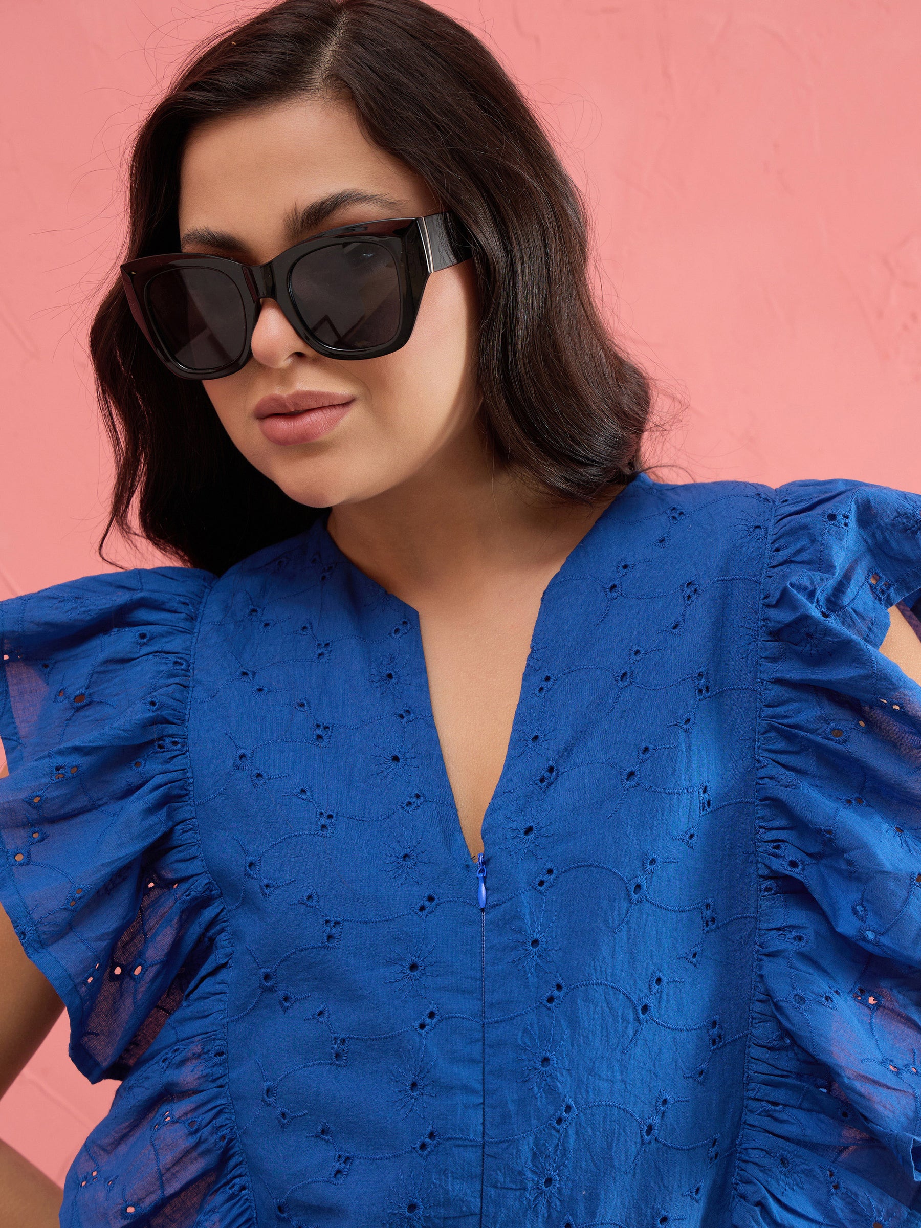 Royal Blue Schiffli Flared Hem Maxi Dress-SASSAFRAS