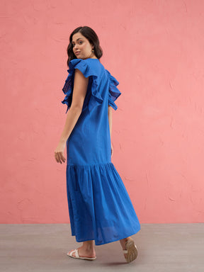 Royal Blue Schiffli Flared Hem Maxi Dress-SASSAFRAS