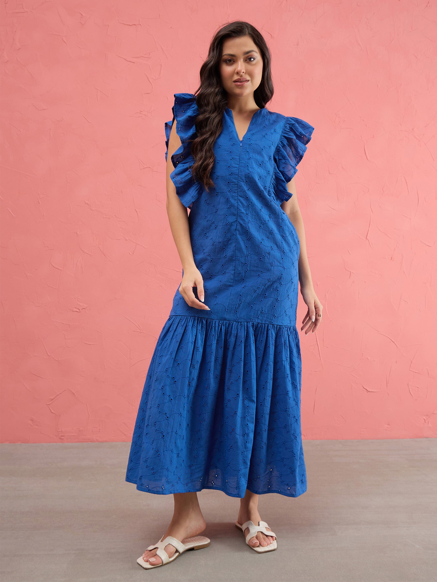 Women Royal Blue Schiffli Flared Hem Maxi Dress