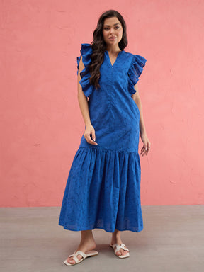 Women Royal Blue Schiffli Flared Hem Maxi Dress