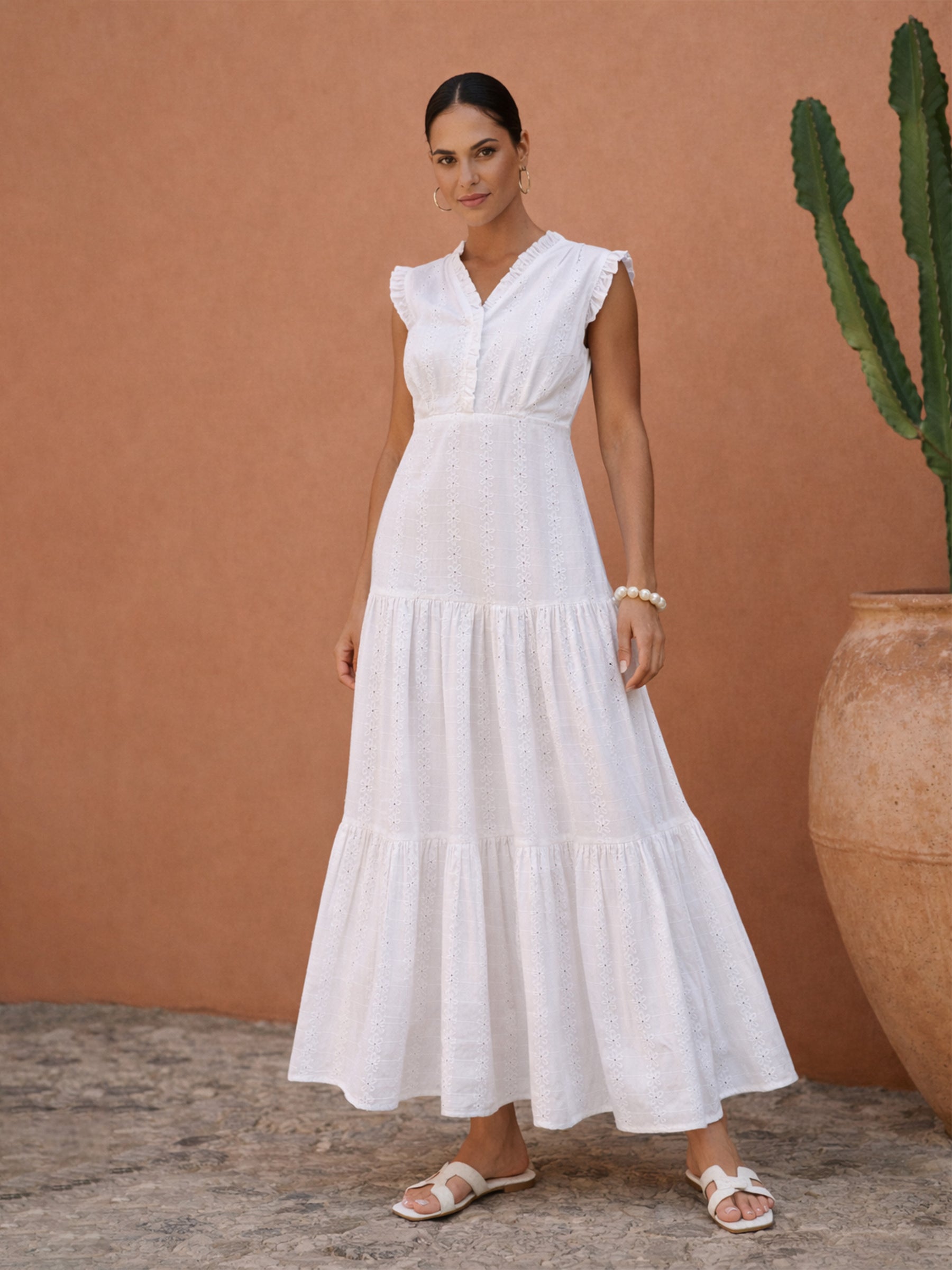 White Schiffli Frill Neck Tiered Maxi Dress -SASSAFRAS