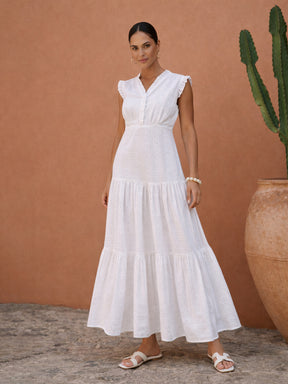 White Schiffli Frill Neck Tiered Maxi Dress -SASSAFRAS