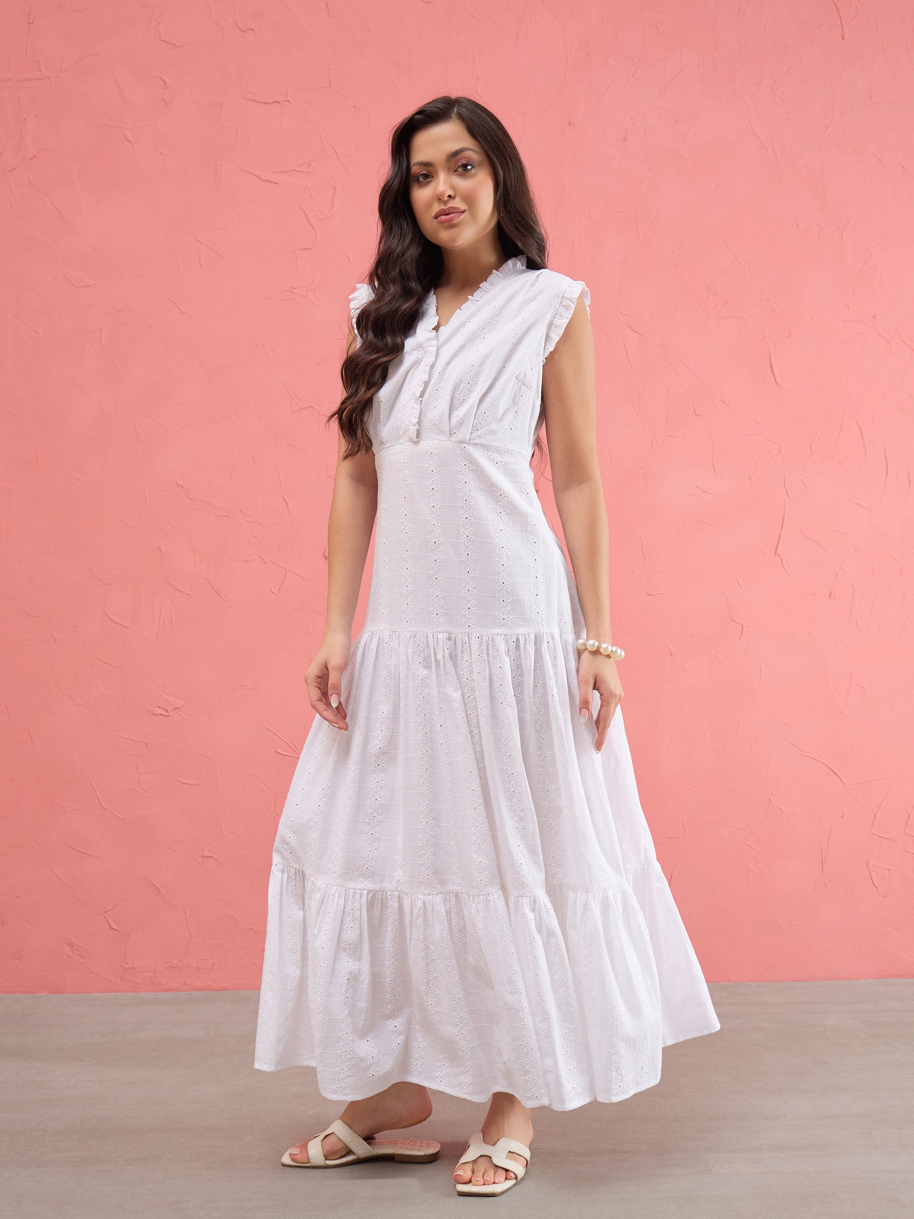 White Schiffli Frill Neck Tiered Maxi Dress -SASSAFRAS
