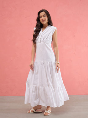White Schiffli Frill Neck Tiered Maxi Dress -SASSAFRAS