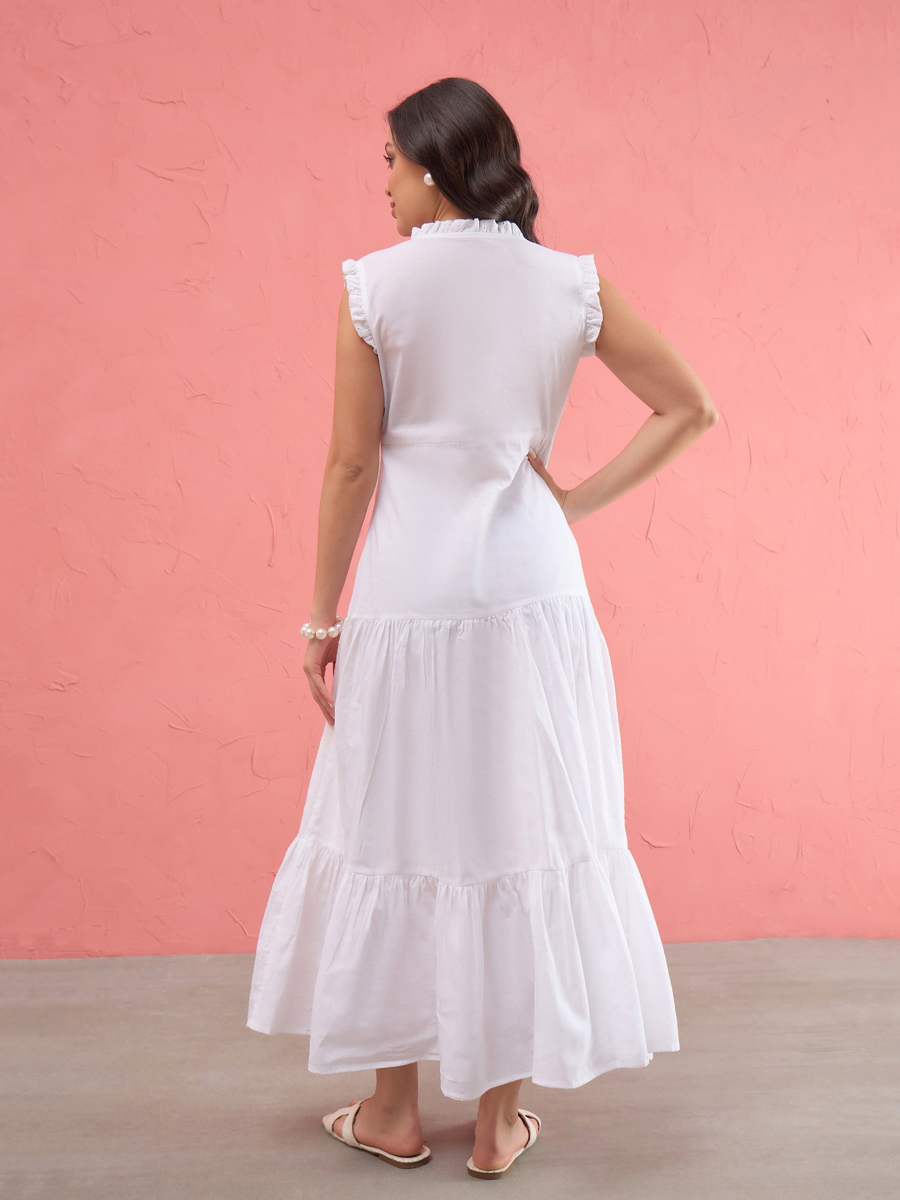 White Schiffli Frill Neck Tiered Maxi Dress -SASSAFRAS