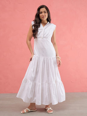 Women White Schiffli Frill Neck Tiered Maxi Dress