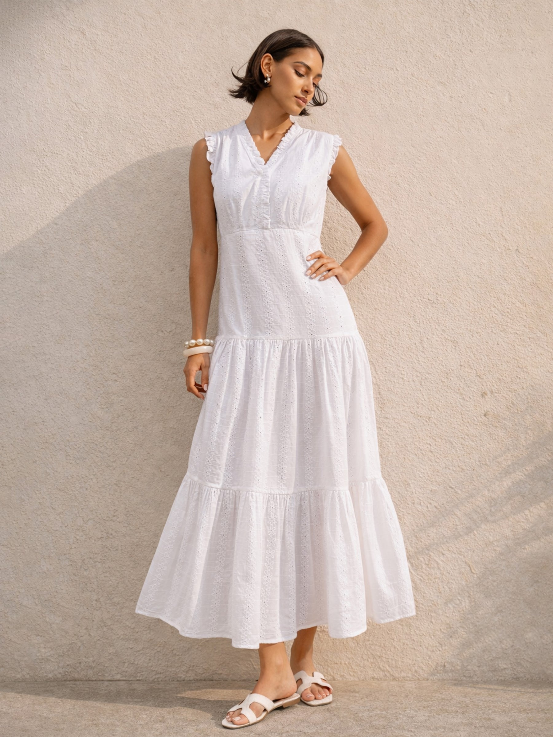 Women White Schiffli Frill Neck Tiered Maxi Dress