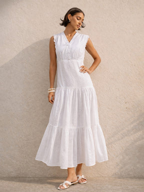Women White Schiffli Frill Neck Tiered Maxi Dress