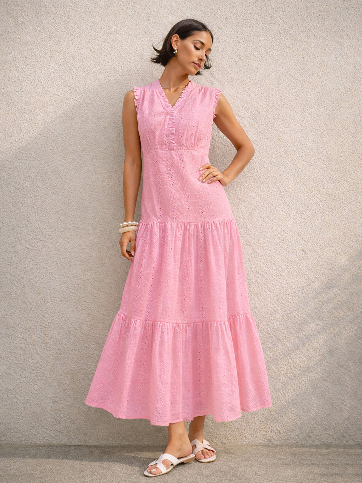 Pink Schiffli Frill Neck Tiered Maxi Dress -SASSAFRAS