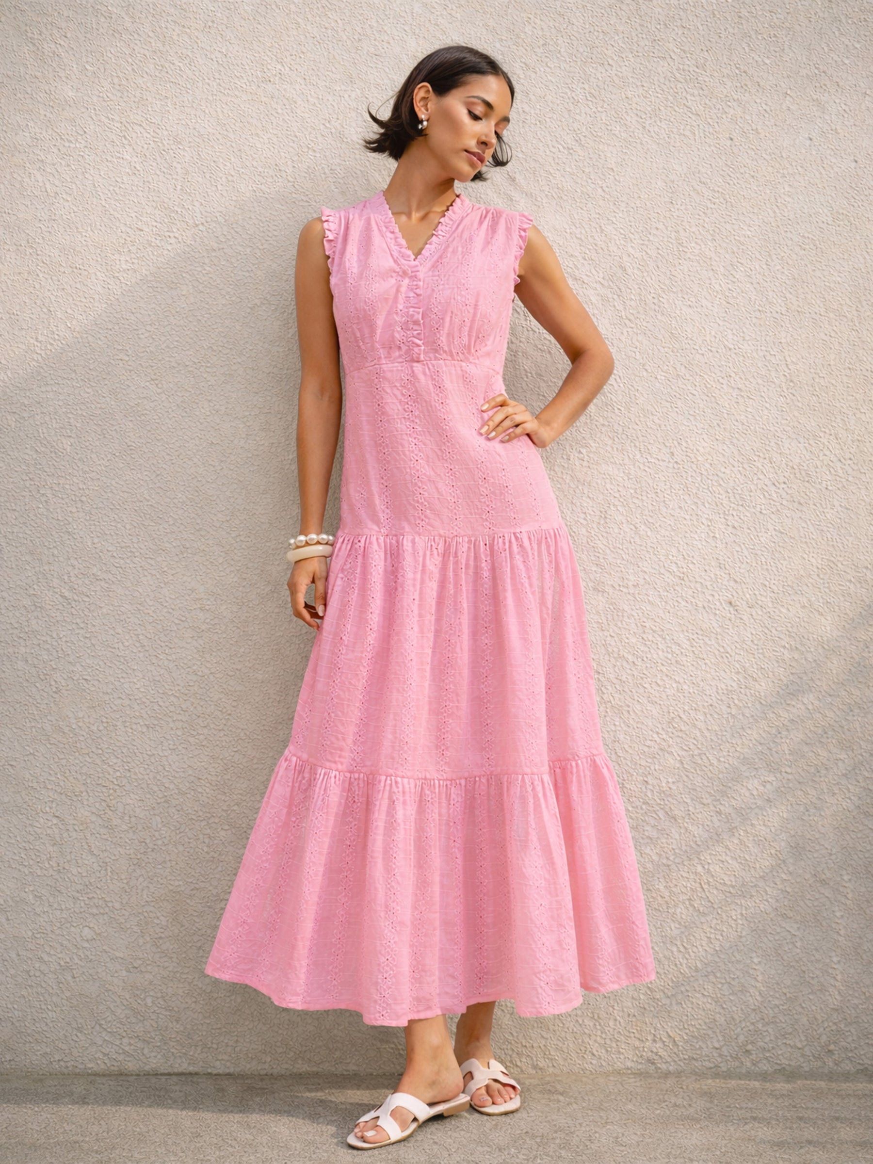 Pink Schiffli Frill Neck Tiered Maxi Dress -SASSAFRAS