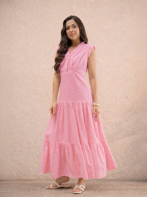 Pink Schiffli Frill Neck Tiered Maxi Dress -SASSAFRAS