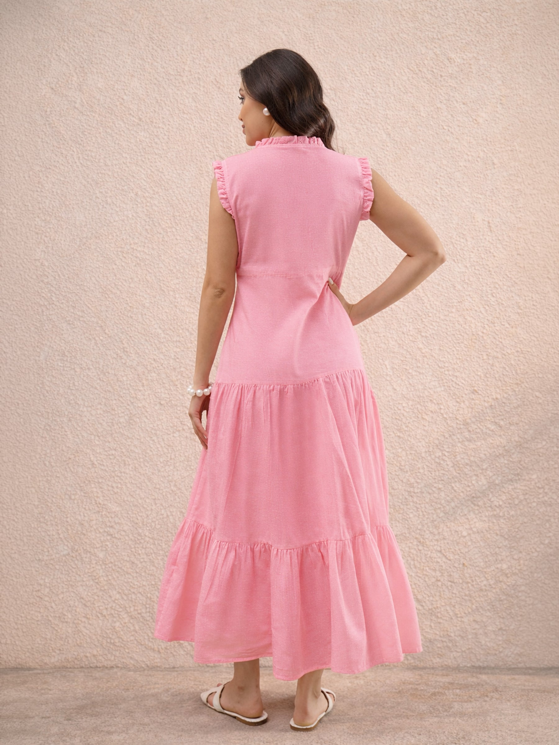 Pink Schiffli Frill Neck Tiered Maxi Dress -SASSAFRAS