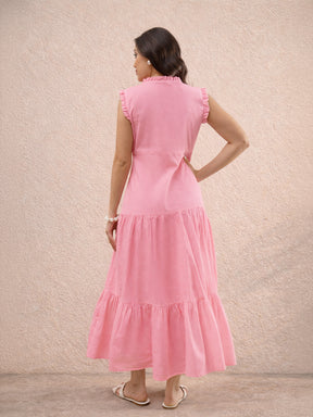 Pink Schiffli Frill Neck Tiered Maxi Dress -SASSAFRAS