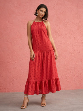 Red Schiffli Halter Neck Frill Hem Maxi Dress -SASSAFRAS