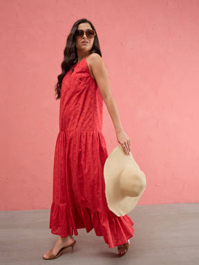 Red Schiffli Halter Neck Frill Hem Maxi Dress -SASSAFRAS