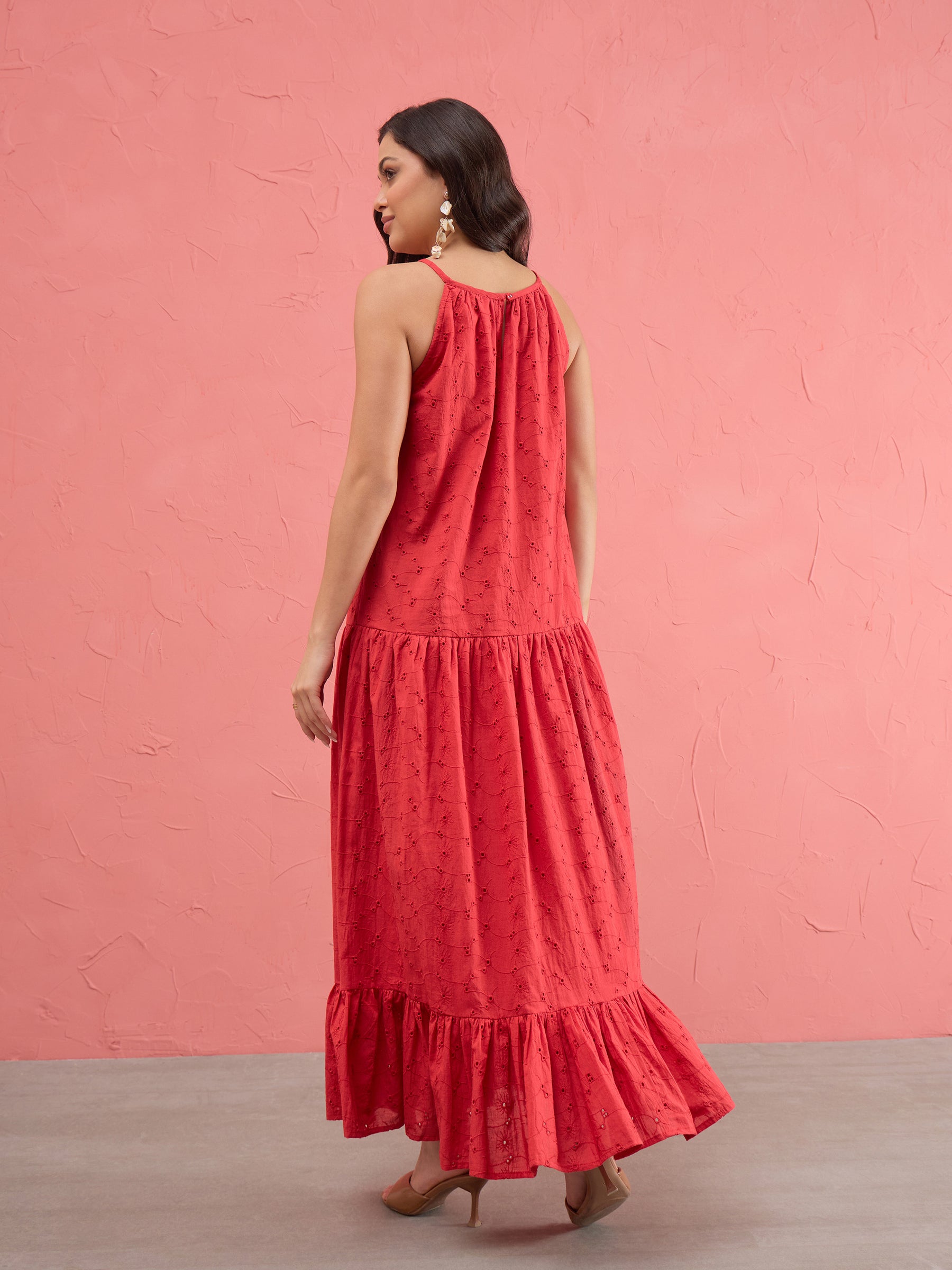Red Schiffli Halter Neck Frill Hem Maxi Dress -SASSAFRAS