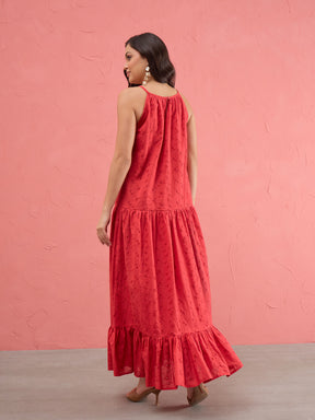 Red Schiffli Halter Neck Frill Hem Maxi Dress -SASSAFRAS