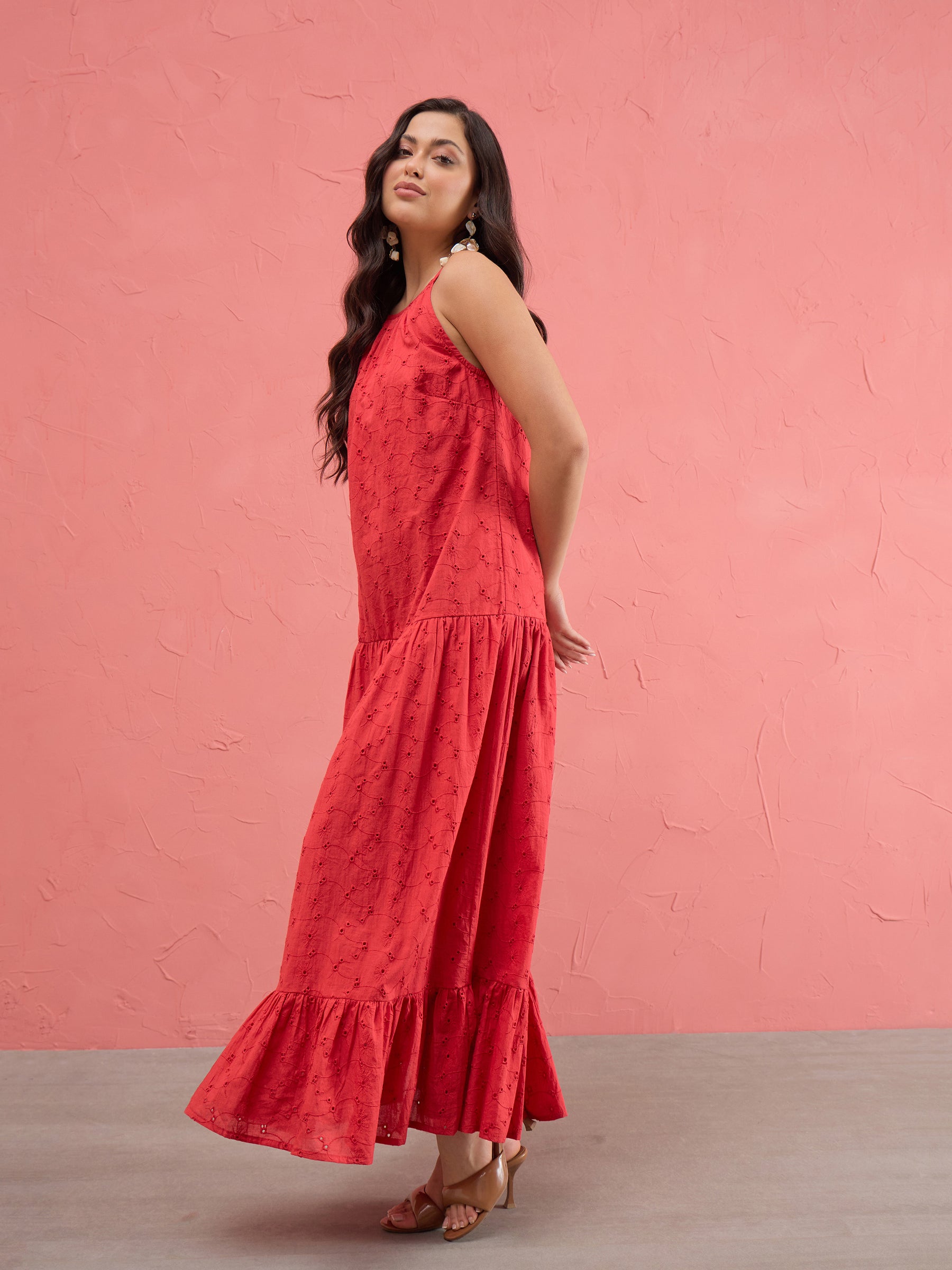 Women Red Schiffli Halter Neck Frill Hem Maxi Dress