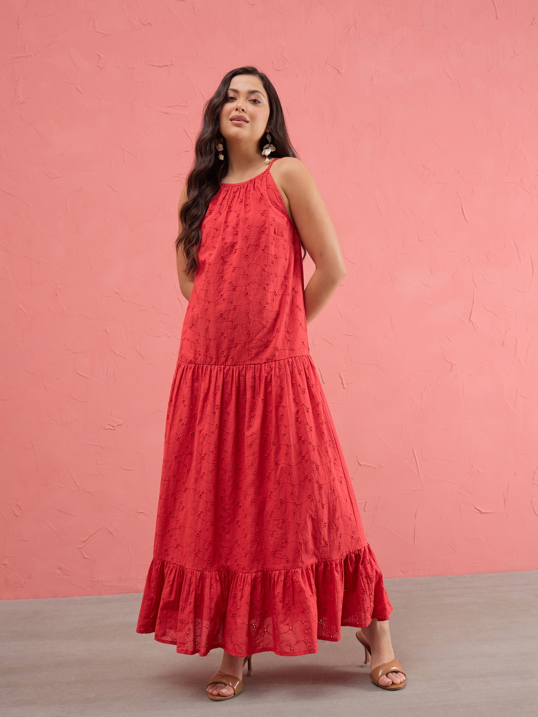 Women Red Schiffli Halter Neck Frill Hem Maxi Dress